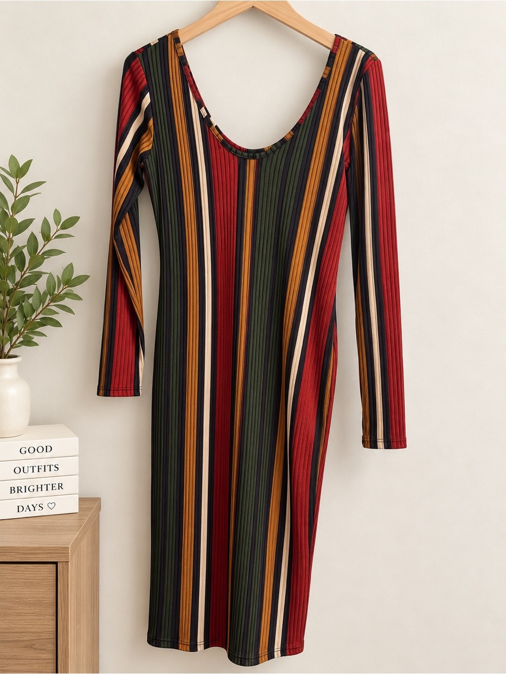 Fashion Nova Vertical Stripe Long Sleeve Midi Dress in Red, Green & Mustard